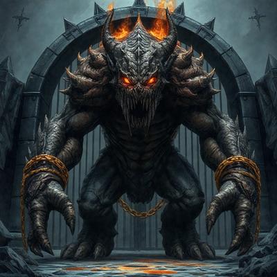 The primary subject of the image is a large, demonic-looking creature with a chain around its neck. The creature is standing in front of a door, which serves as the setting for the scene. The visual style of the image is digital art, with the creature being depicted in a detailed and intricate manner. The dominant colors in the image are dark and ominous, creating a mood of fear and danger.